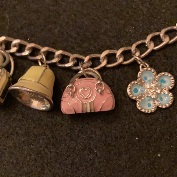 Charm Bracelet Silver Tone Pink, Turquoise Black Yellow Costume Jewelry 7 Charms - Picture 4 of 8